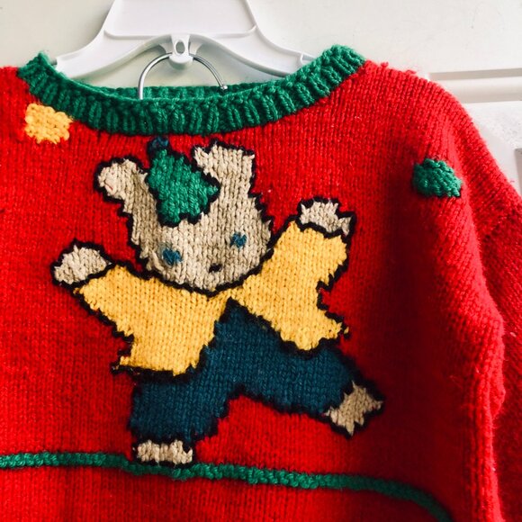 🧸[KID 2-3T]Vintage Hand Knit Baby Sweater Toddler Teddy Bear Christmas Boxy Fit - Picture 2 of 4